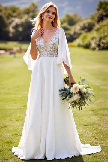 lvory A Line 3/4 Sleeves Lace Long Wedding Dress